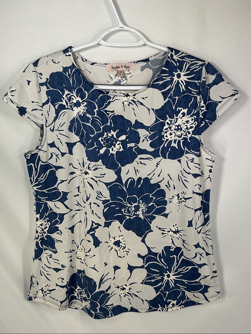 Harlow & Rose Blue White Tropical Floral Cap Sleeve Knit Top M
